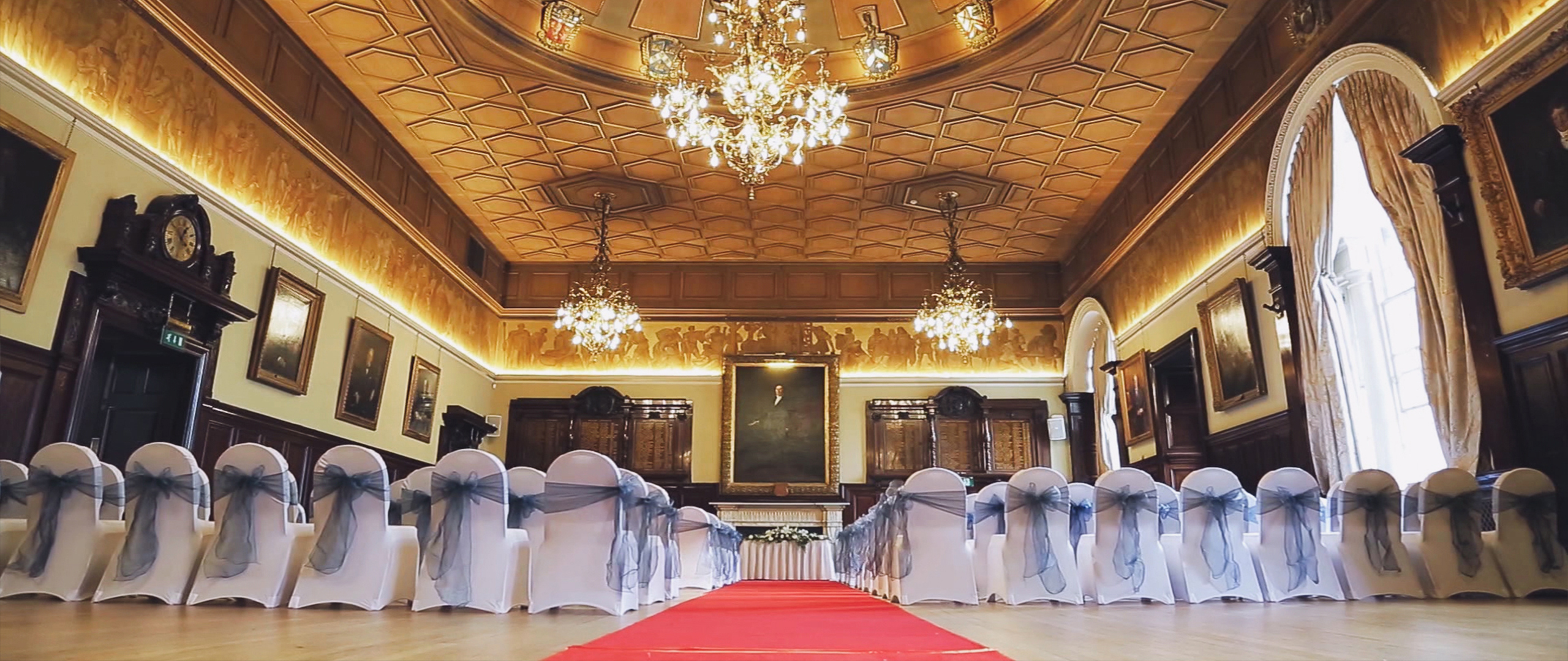 Trades Hall Wedding Videographer Grand Hall room of Trades Hall of Glasgow set up for the wedding ceremony